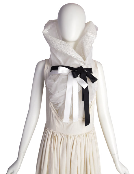 Comme des Garcons Vintage SS 2002 Off-White Full Skirt Runway Dress with Huge Layered Embroidered Lace Collar
