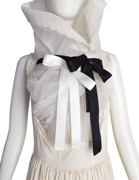 Comme des Garcons Vintage SS 2002 Off-White Full Skirt Runway Dress with Huge Layered Embroidered Lace Collar