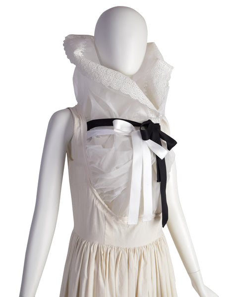 Comme des Garcons Vintage SS 2002 Off-White Full Skirt Runway Dress with Huge Layered Embroidered Lace Collar