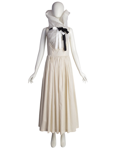 Comme des Garcons Vintage SS 2002 Off-White Full Skirt Runway Dress with Huge Layered Embroidered Lace Collar