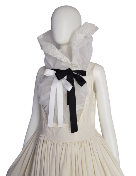 Comme des Garcons Vintage SS 2002 Off-White Full Skirt Runway Dress with Huge Layered Embroidered Lace Collar