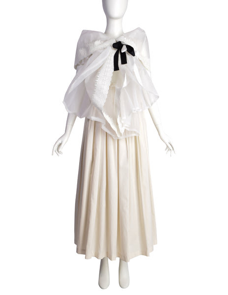 Comme des Garcons Vintage SS 2002 Off-White Full Skirt Runway Dress with Huge Layered Embroidered Lace Collar