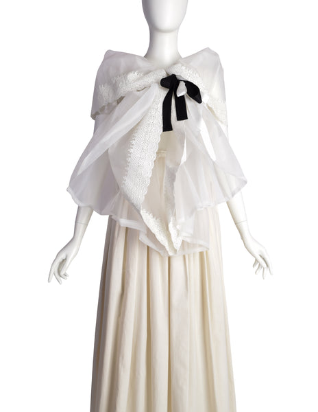 Comme des Garcons Vintage SS 2002 Off-White Full Skirt Runway Dress with Huge Layered Embroidered Lace Collar