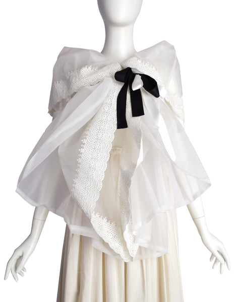 Comme des Garcons Vintage SS 2002 Off-White Full Skirt Runway Dress with Huge Layered Embroidered Lace Collar