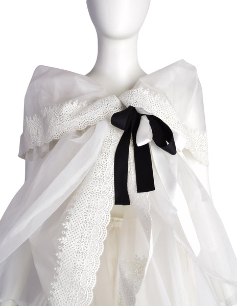 Comme des Garcons Vintage SS 2002 Off-White Full Skirt Runway Dress with Huge Layered Embroidered Lace Collar