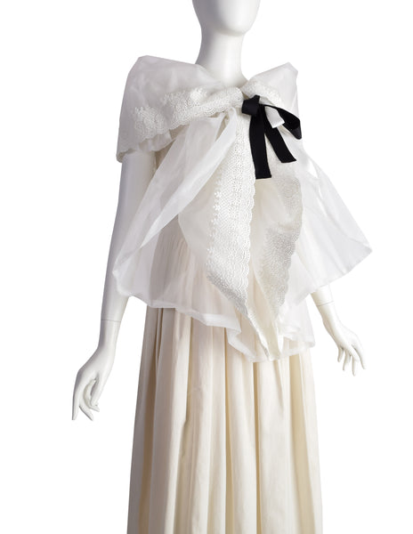 Comme des Garcons Vintage SS 2002 Off-White Full Skirt Runway Dress with Huge Layered Embroidered Lace Collar