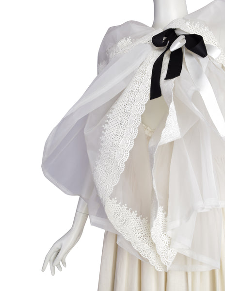 Comme des Garcons Vintage SS 2002 Off-White Full Skirt Runway Dress with Huge Layered Embroidered Lace Collar