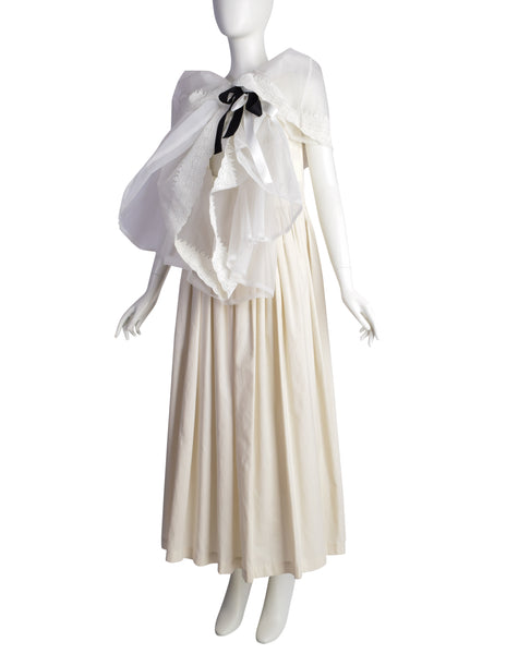 Comme des Garcons Vintage SS 2002 Off-White Full Skirt Runway Dress with Huge Layered Embroidered Lace Collar