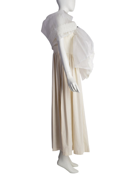 Comme des Garcons Vintage SS 2002 Off-White Full Skirt Runway Dress with Huge Layered Embroidered Lace Collar