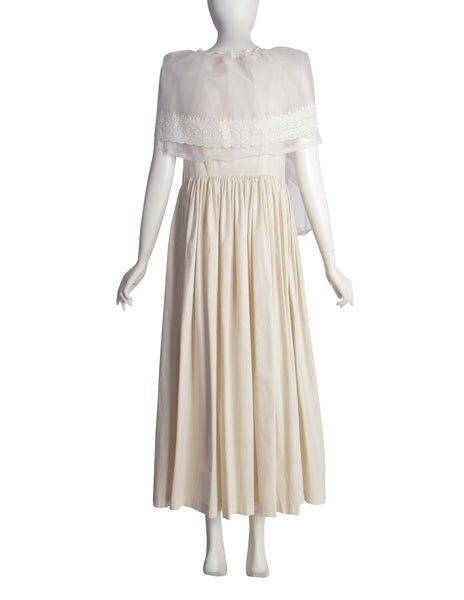 Comme des Garcons Vintage SS 2002 Off-White Full Skirt Runway Dress with Huge Layered Embroidered Lace Collar
