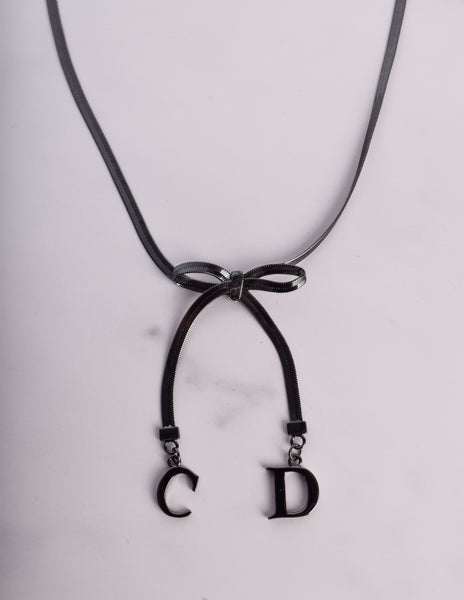 Christian Dior by John Galliano Vintage Blackened CD Charm Bow Necklace