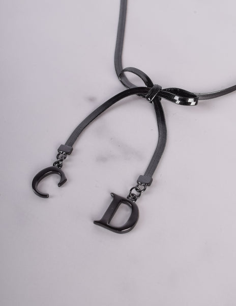 Christian Dior by John Galliano Vintage Blackened CD Charm Bow Necklace