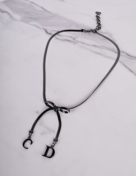 Christian Dior by John Galliano Vintage Blackened CD Charm Bow Necklace