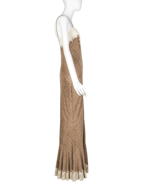 Christian Dior by John Galliano Vintage AW 1999 Beige Suede and Lace Gown