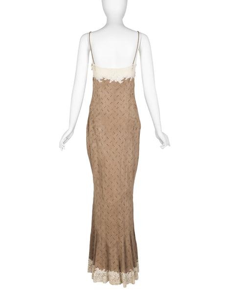 Christian Dior by John Galliano Vintage AW 1999 Beige Suede and Lace Gown