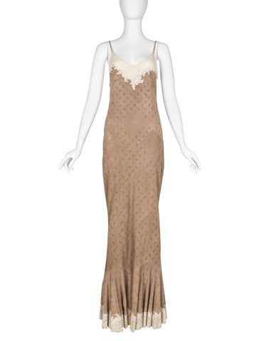 Christian Dior by John Galliano Vintage AW 1999 Beige Suede and Lace Gown
