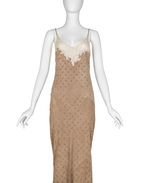 Christian Dior by John Galliano Vintage AW 1999 Beige Suede and Lace Gown