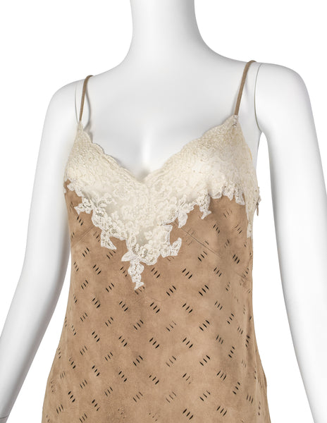 Christian Dior by John Galliano Vintage AW 1999 Beige Suede and Lace Gown