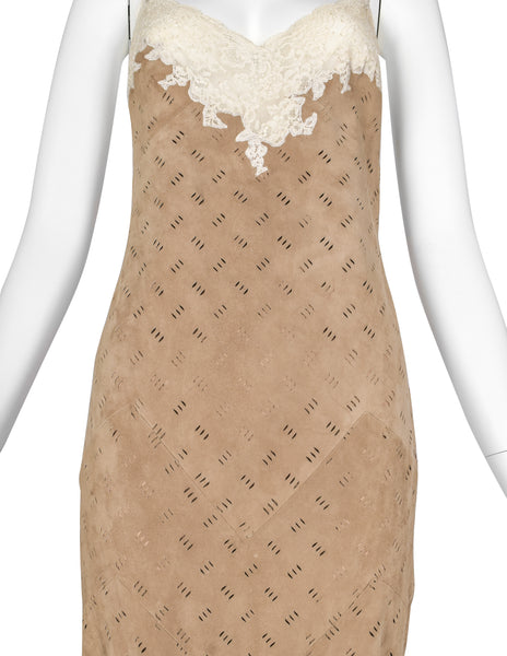 Christian Dior by John Galliano Vintage AW 1999 Beige Suede and Lace Gown
