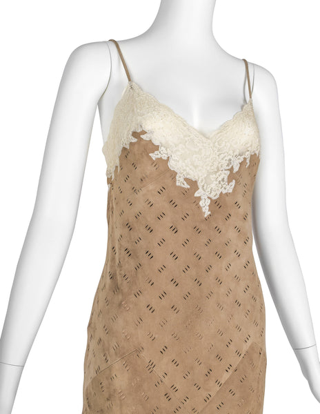 Christian Dior by John Galliano Vintage AW 1999 Beige Suede and Lace Gown