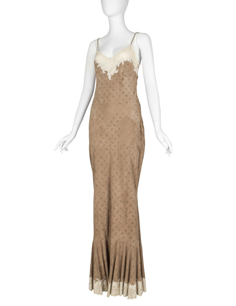 Christian Dior by John Galliano Vintage AW 1999 Beige Suede and Lace Gown
