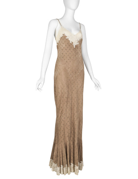 Christian Dior by John Galliano Vintage AW 1999 Beige Suede and Lace Gown