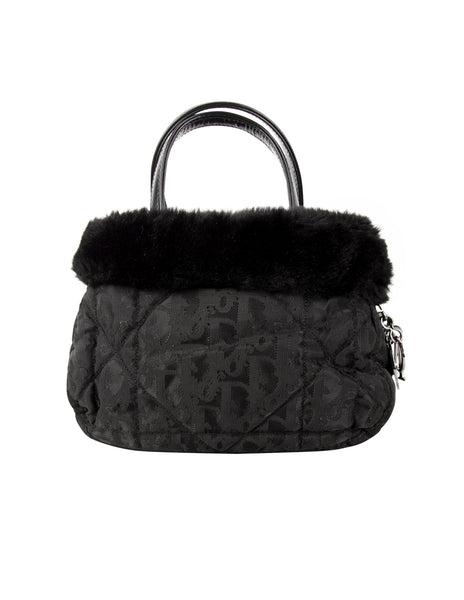 Christian Dior by John Galliano Vintage 1999 Black Nylon Cannage and Faux Fur Mini Bag