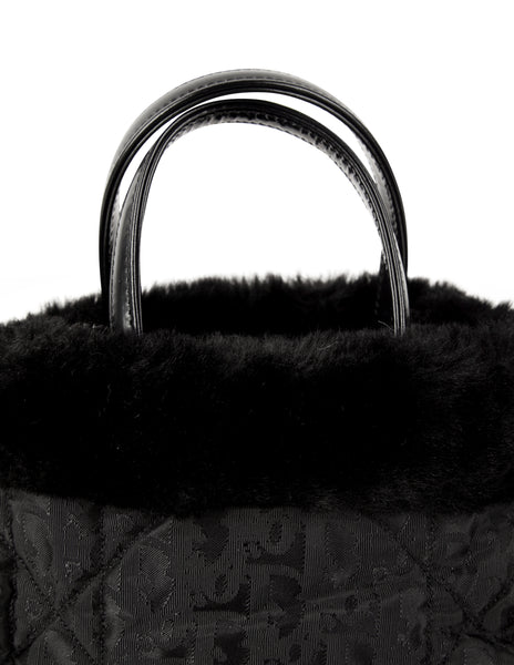 Christian Dior by John Galliano Vintage 1999 Black Nylon Cannage and Faux Fur Mini Bag