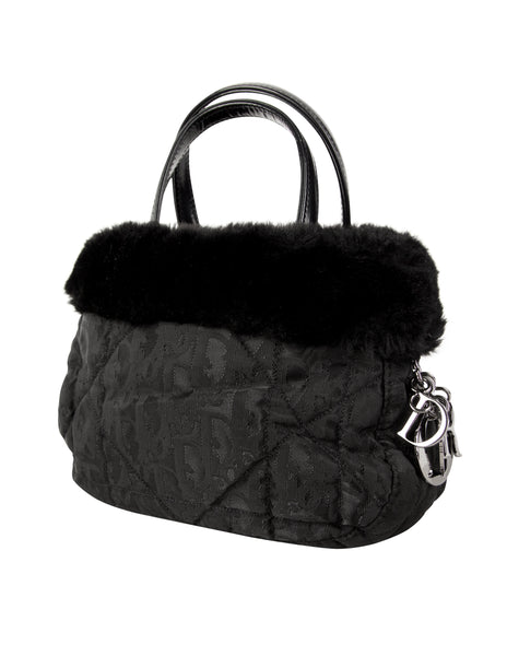 Christian Dior by John Galliano Vintage 1999 Black Nylon Cannage and Faux Fur Mini Bag