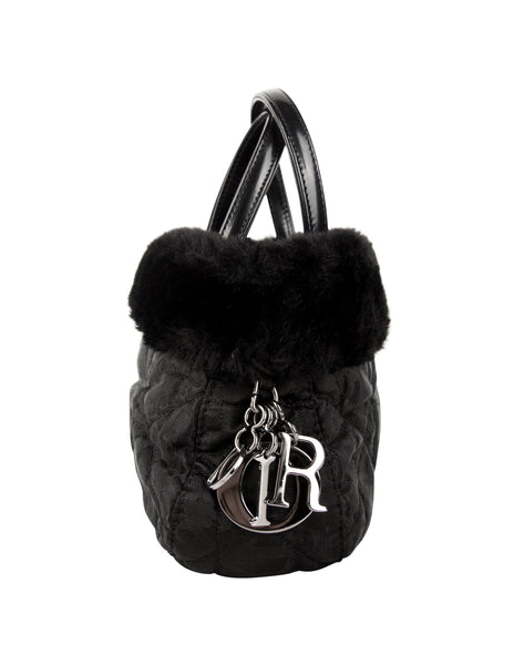 Christian Dior by John Galliano Vintage 1999 Black Nylon Cannage and Faux Fur Mini Bag