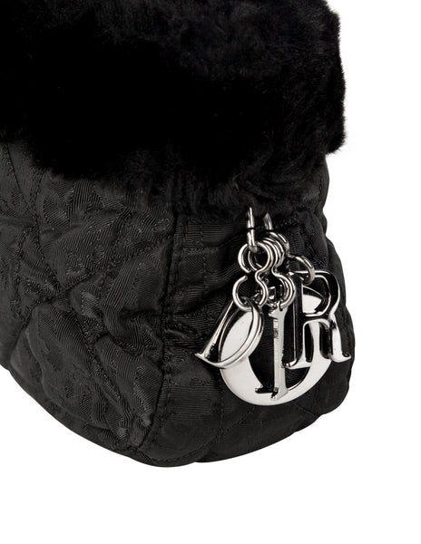Christian Dior by John Galliano Vintage 1999 Black Nylon Cannage and Faux Fur Mini Bag