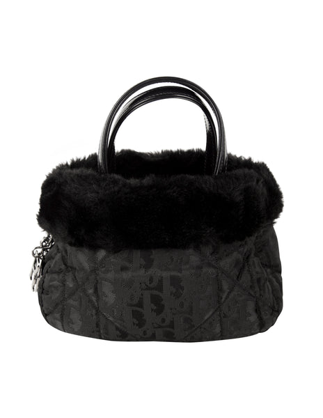 Christian Dior by John Galliano Vintage 1999 Black Nylon Cannage and Faux Fur Mini Bag