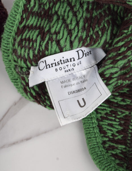 Christian Dior by John Galliano Vintage AW 2002 Green and Brown Pom Pom Mohawk Beanie Hat