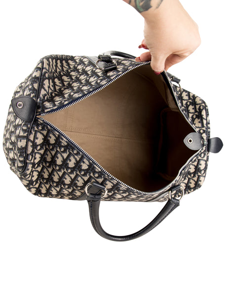 Christian Dior Vintage 1970s Navy Blue Trotter Monogram Logo Canvas and Leather Duffle Bag