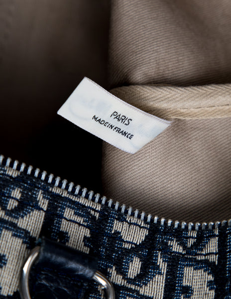 Christian Dior Vintage 1970s Navy Blue Trotter Monogram Logo Canvas and Leather Duffle Bag