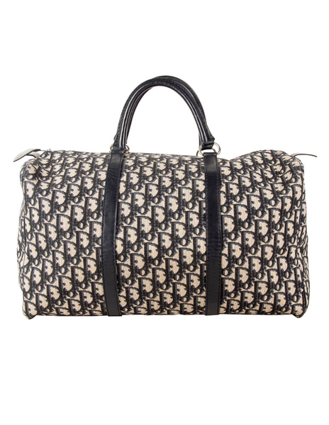 Christian Dior Vintage 1970s Navy Blue Trotter Monogram Logo Canvas and Leather Duffle Bag