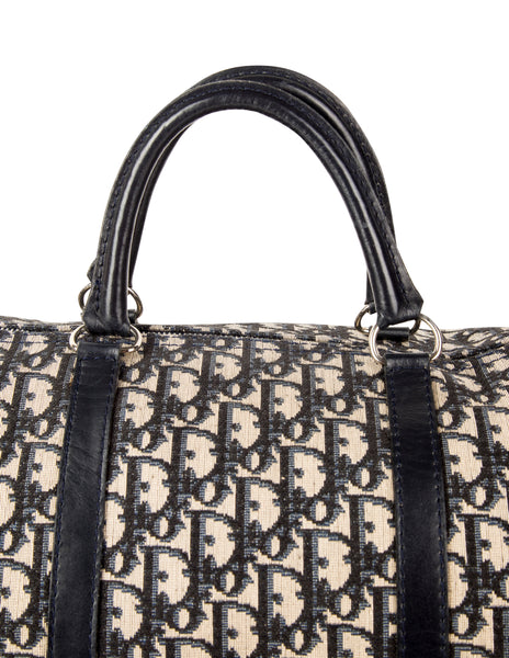 Christian Dior Vintage 1970s Navy Blue Trotter Monogram Logo Canvas and Leather Duffle Bag