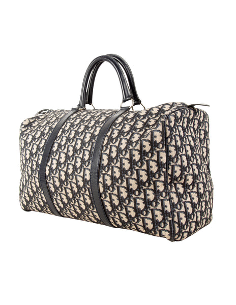 Christian Dior Vintage 1970s Navy Blue Trotter Monogram Logo Canvas and Leather Duffle Bag