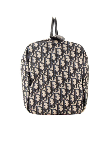 Christian Dior Vintage 1970s Navy Blue Trotter Monogram Logo Canvas and Leather Duffle Bag