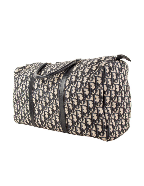 Christian Dior Vintage 1970s Navy Blue Trotter Monogram Logo Canvas and Leather Duffle Bag