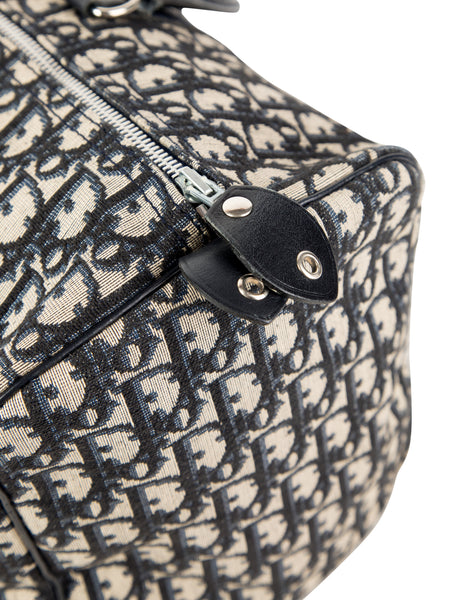 Christian Dior Vintage 1970s Navy Blue Trotter Monogram Logo Canvas and Leather Duffle Bag