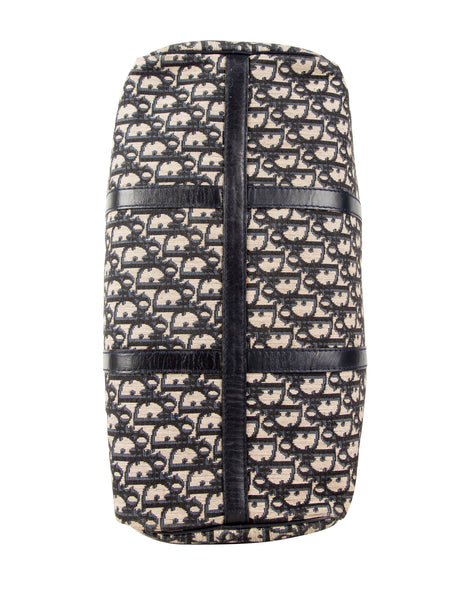 Christian Dior Vintage 1970s Navy Blue Trotter Monogram Logo Canvas and Leather Duffle Bag