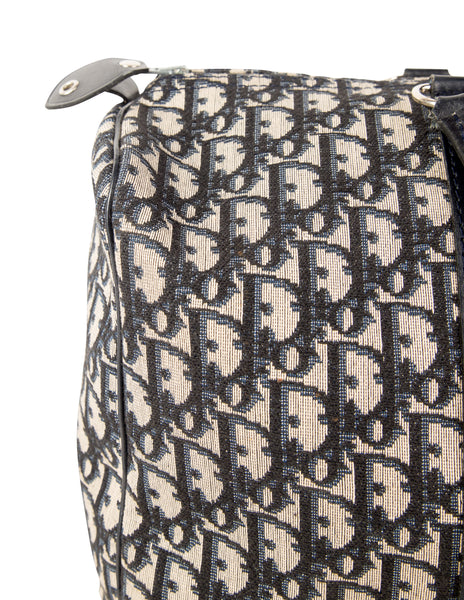 Christian Dior Vintage 1970s Navy Blue Trotter Monogram Logo Canvas and Leather Duffle Bag