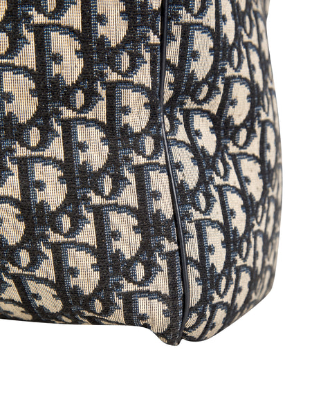 Christian Dior Vintage 1970s Navy Blue Trotter Monogram Logo Canvas and Leather Duffle Bag