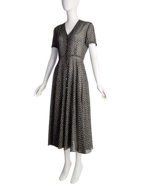DKNY Vintage SS 1993 Black Beige Micro Floral Print Semi-Sheer Full Skirt Dress