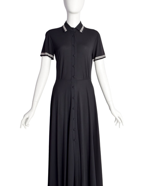 DKNY Vintage 1990s Black Button Up Collared Full Skirt Dress