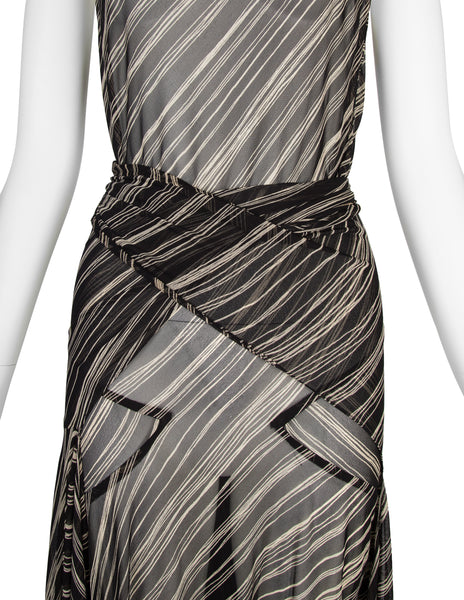 Donna Karan Vintage SS 2001 Black and Ivory Striped Sheer Silk Wrap Dress
