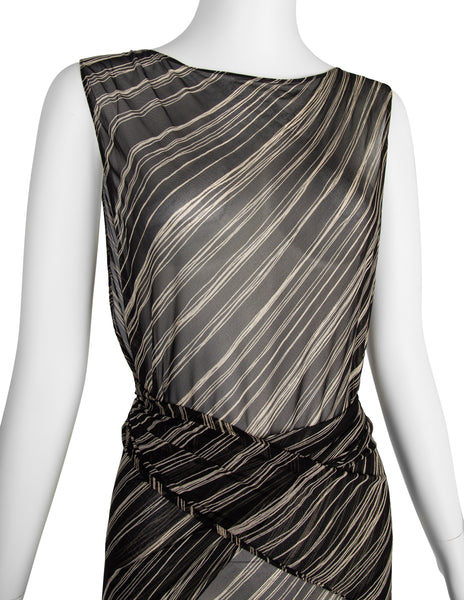 Donna Karan Vintage SS 2001 Black and Ivory Striped Sheer Silk Wrap Dress