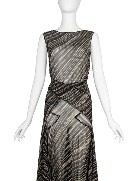 Donna Karan Vintage SS 2001 Black and Ivory Striped Sheer Silk Wrap Dress