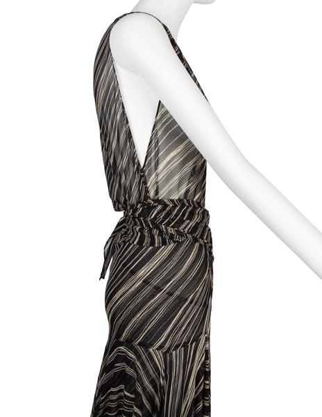 Donna Karan Vintage SS 2001 Black and Ivory Striped Sheer Silk Wrap Dress